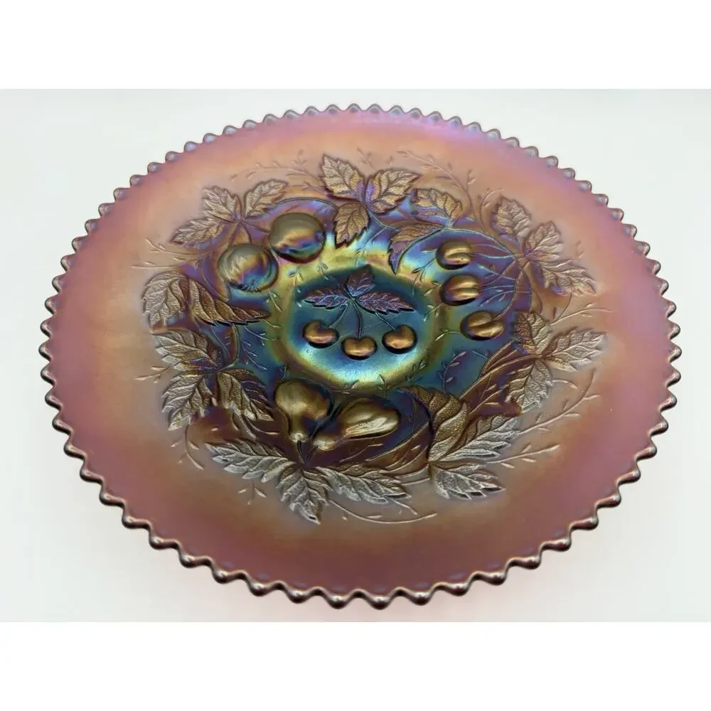 Northwood Amethyst Carnival Glass THREE FRUITS Footed Plate 9” Sawtooth Antique